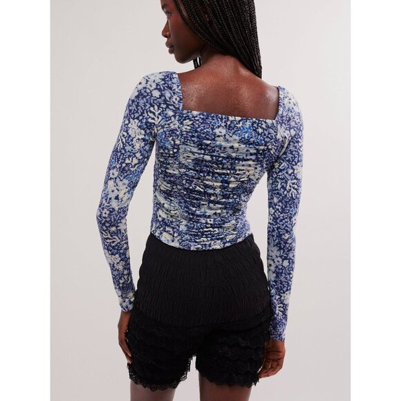 Free People Blue Puff Sleeve Smocked Blouse - Picture 3 of 5